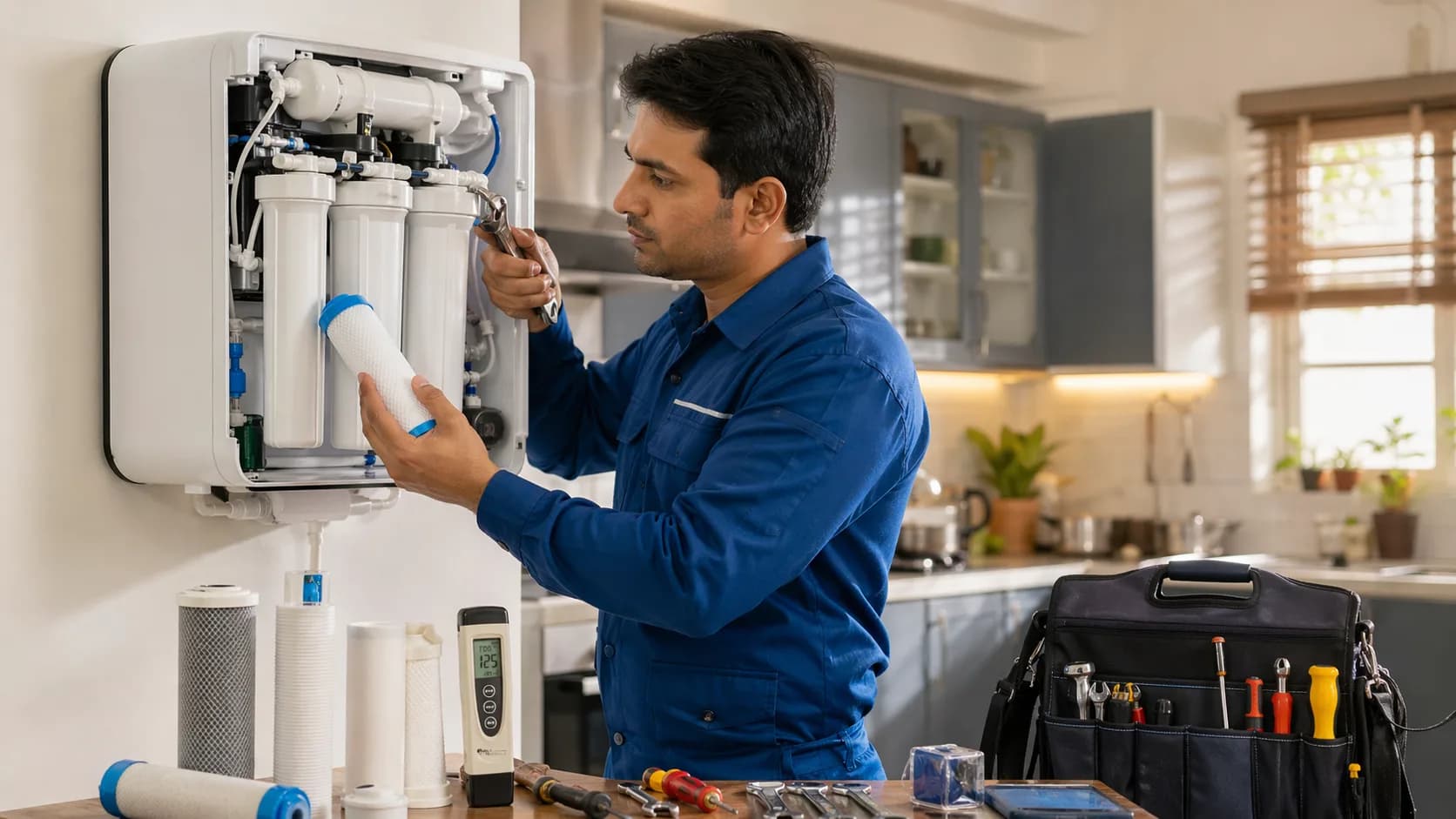Technician servicing RO water purifier at home in India